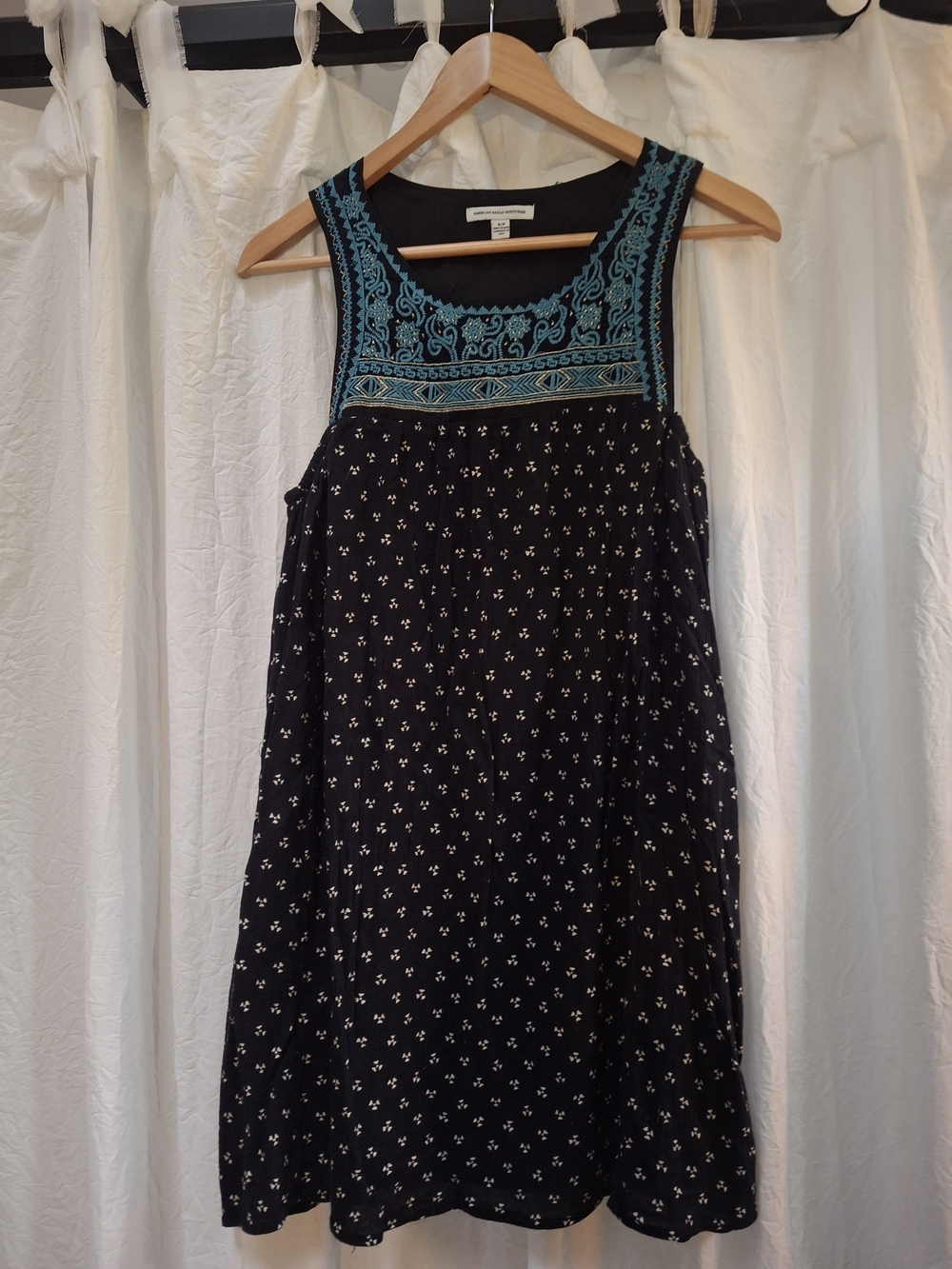 American Eagle Outfitters Black Mini Dress with Teal Embroidered Yoke